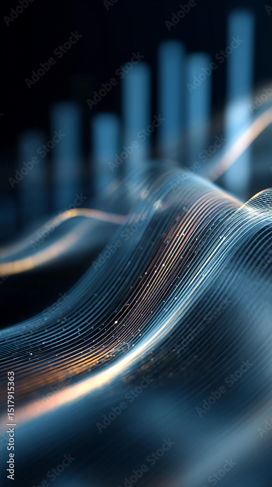 Poster abstract image of flowing, metallic lines creating a wave-like pattern, with blurred bar graph in ba