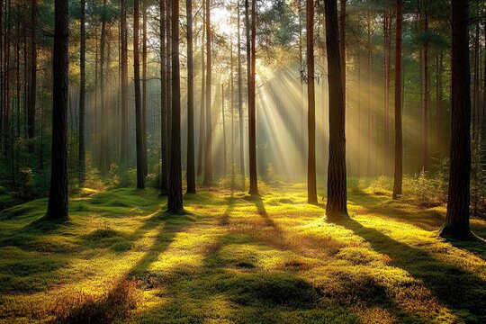 Sunlight streams through a misty pine forest