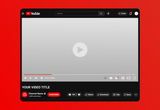 Dark Mode YouTube Video Player Mockup with Like, Share, Download, Subscribe, and Comment Buttons on Red Background Editable Web UI Template Vector