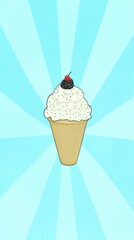 Ice Cream Cone with Cherry Topping on a Bursting Background