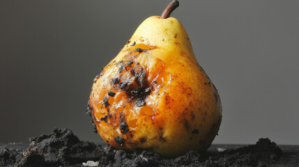 A ripe, healthy pear deteriorated into rot, contributing to food waste.

