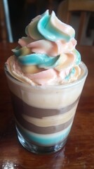 Layered Dessert Featuring Pastel Colored Icing in a Clear Glass Cup on Wooden Table