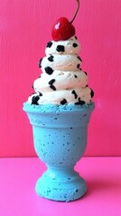 Whimsical dessert with blue cup and topping, on pink background