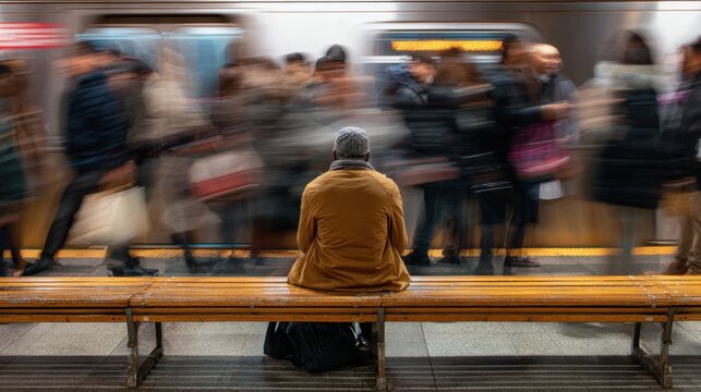 Solitary caucasian male observing blurred subway crowd movement