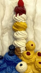Tower of colorful stacked fake food featuring frosting and fruit toppings