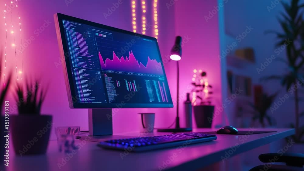 Poster modern programmer workspace with data analysis display and aesthetic neon lighting setup
