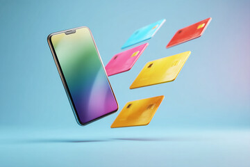 Smartphone with colorful credit cards floating around it, showcasing contactless payment concept, modern technology and online banking