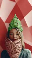Fair-Skinned Woman with Freckles Posing with Ice Cream Cone Hat and Lattice Neck Piece