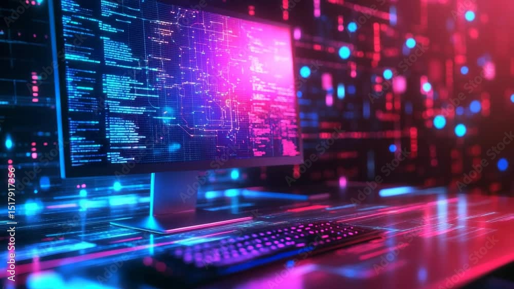 Poster abstract coding environment with lines of code and futuristic glows for technology