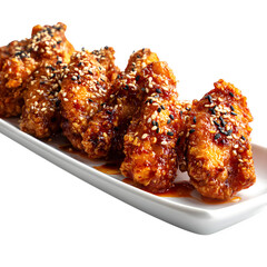 Crispy Korean fried chicken wings in sweet chili glaze, served in a modern platter with sesame seeds, isolated, white background