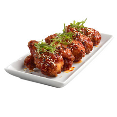 Crispy Korean fried chicken wings in sweet chili glaze, served in a modern platter with sesame seeds, isolated, white background