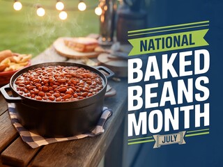 A pot of baked beans on a wooden table with a checkered cloth and string lights in the background