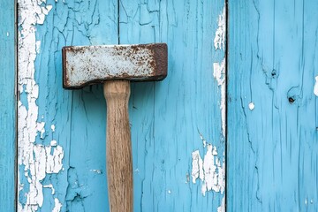 Old hammer against weathered blue wooden wall