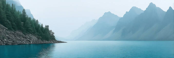 Mystical fog drapes over serene turquoise waters, whispering mountain secrets, perfect for Solstice meditation or Alpine tranquility retreats