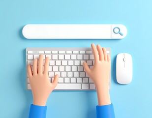 Cartoon Hands Typing on Keyboard, Search Bar, Mouse, Online Search