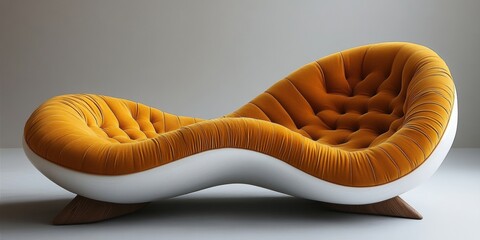 Interior studio shot of modern long mustard yellow velvet chaise lounge chair