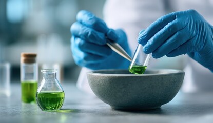 Green liquid science lab experiment in progress