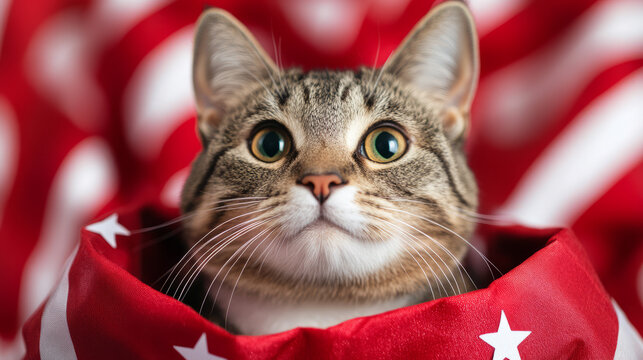 Playful tabby cocooned in starry red, whimsically celebrating National Pet Day and the delight of Feline Independence