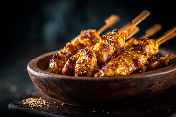 Grilled chicken skewers in wooden bowl, glazed with sesame seeds, dark background, appetizing food photography, showcasing delicious meal