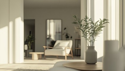 Sunlight streams into a bright, minimalist living room. A vase of greenery sits on a light wooden table, in front of a cream-colored armchair