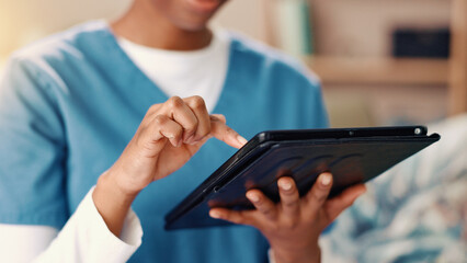 Woman, nurse and hands with tablet for research, medical or healthcare service at home. Closeup,...