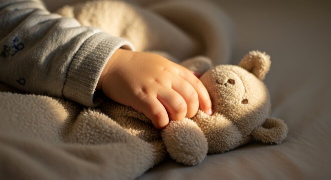 Baby's hand holding plush teddy bear on soft blanket in warm light  