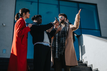 A group of young professionals interacts on a city staircase near a modern building, demonstrating collaboration and teamwork while dressed stylishly, showcasing the energy of innovation and modern