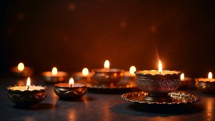 Elegant decorative candles in traditional holders glowing softly in a dark setting