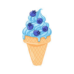 Blueberry ice cream cone with swirled creamy texture and berry on top in cartoon. Refreshing summer dessert perfect for sweet theme, fruit concept and colorful food illustration.