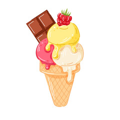 Ice cream cone with vanilla, lemon and raspberry scoop in cartoon. Berry and chocolate bar on top in waffle cone. Perfect for dessert menu, summer packaging graphic design.
