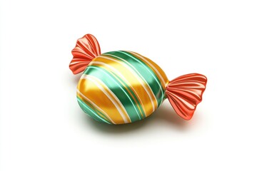 Glossy, striped candy in gold, green, and red foil wrapper, isolated on white