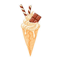 Vanilla ice cream cone with swirled creamy texture with chocolate bar and wafer sticks in cartoon. Refreshing summer dessert perfect for sweet theme, fruit concept and colorful food illustration