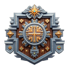 Intricate Shield Design Featuring Golden Accents and Ornamentation on a Textured Wooden Background