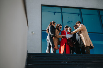 A diverse group of professionals gather together outside on steps, examining documents and collaborating in a productive meeting near a modern office building.