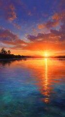 Obraz premium Vibrant Sunset over Calm Lake with Colorful Reflections