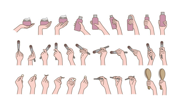 Various hand positions. Different kinds of hand pose. Holding cosmetic container and tweezers. Grabbing brush and comb.