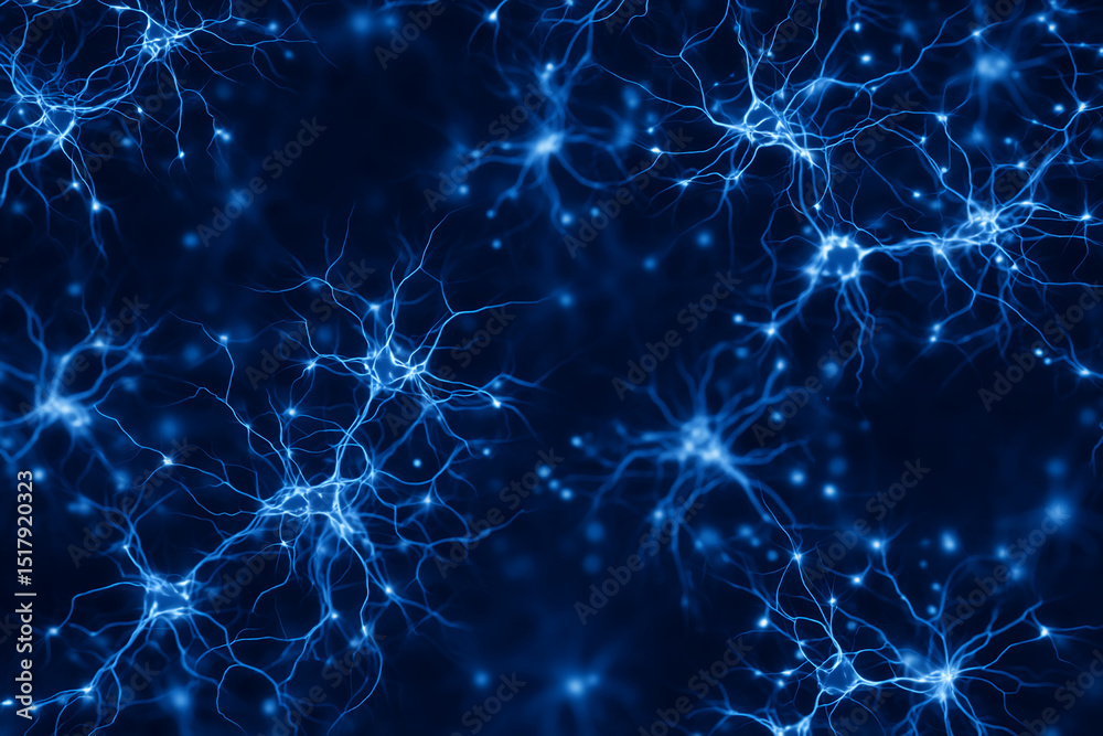 Poster abstract image of glowing blue neurons network, representing neural connections, brain activity, or 