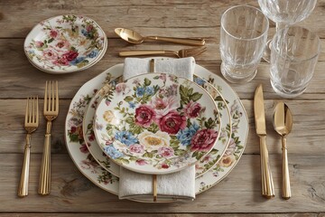 Vintage floral china place setting, gold flatware, crystal glasses, linen napkin on rustic wooden table pink blue roses pattern.