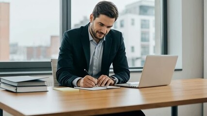 Smiling businessman writing in notebook at office desk with laptop - Powered by Adobe