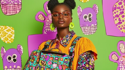 A young woman with a colorful outfit and glasses stands in front of a vibrant green background with cartoon monster designs.