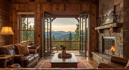 Rustic mountain home living room with breathtaking scenic view