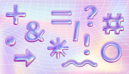 Iridescent shining emoji vector 3d set. Holographic cherry, star, hashtag,butterfly, flower design elements. Eye and lips with music note. Pink chrome metallic shapes