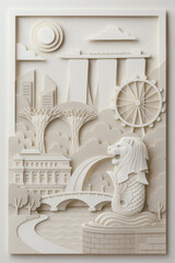 Paper art depicting Singapore landmarks with Merlion and Marina bay sands