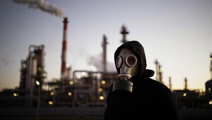 Person in a gas mask against an industrial factory, highlighting environmental concerns.