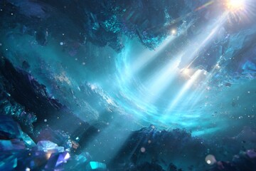 Abstract Cosmic Nebula with Glowing Blue Light and Teal Crystal Structures