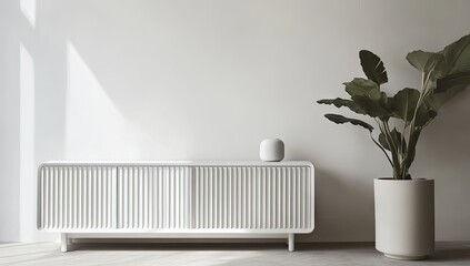 Modern minimalist living room with white furniture and plant