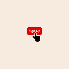 Finger presses on sign up button icon flat vector design. 