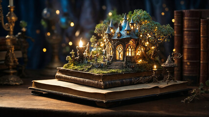 image of open antique book with fairy magical world