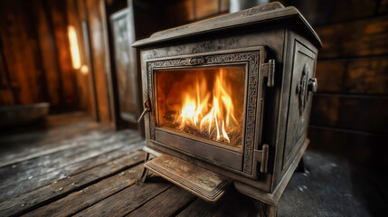 Cozy rustic wood stove with glowing fire in wooden cabin interior