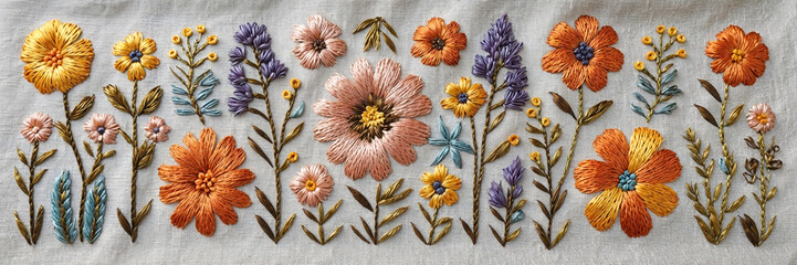 embroidery of flowers over natural linen fabric